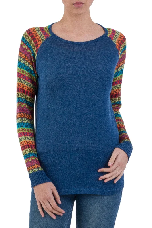 Cusco Market in Blue Blue Tunic Sweater with Multi Color Patterned Sleeves