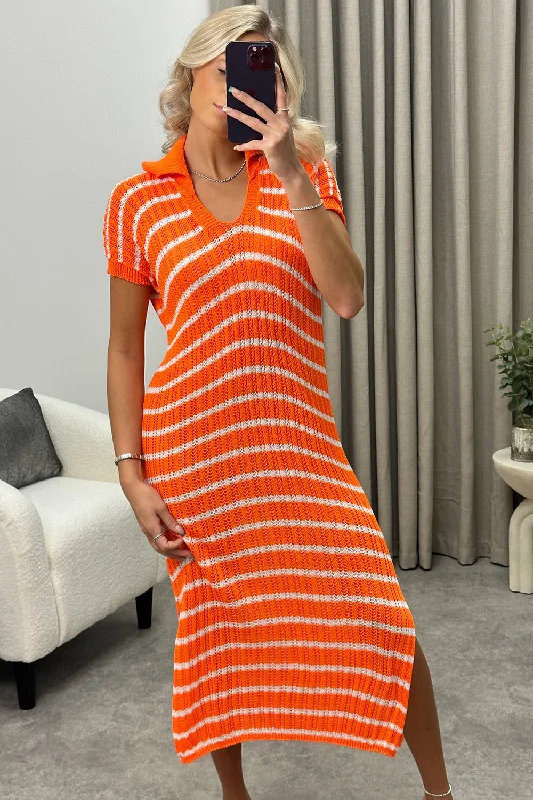 Tina Orange and White Stripe Crochet Split Hem Knitted Midi Dress