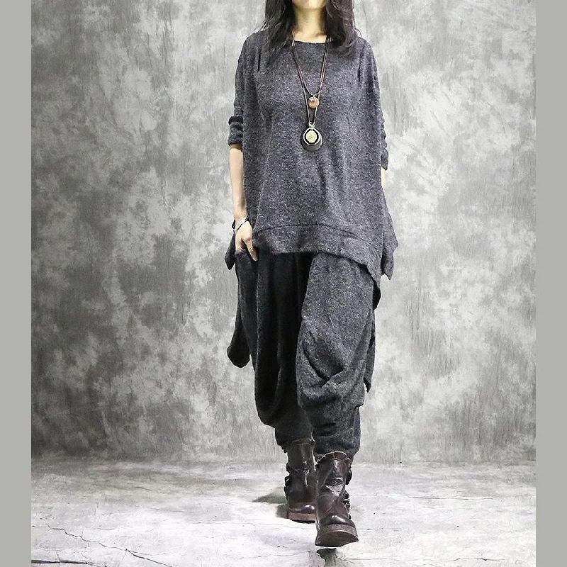 2019 new casual gray the tabbit wool pullover sweater and women elastic waist wide leg pants