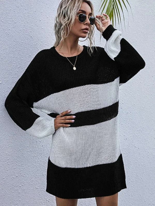 Blue Zone Planet | long color matching knitted round neck sweater dress