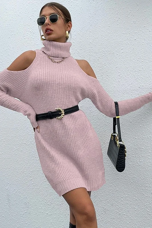 Blue Zone Planet |  Pink Black Turtleneck Cold-Shoulder Sweater Dress