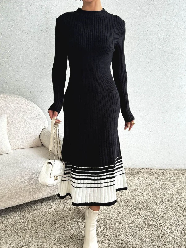 Blue Zone Planet |  Contrast Mock Neck Long Sleeve Sweater Dress