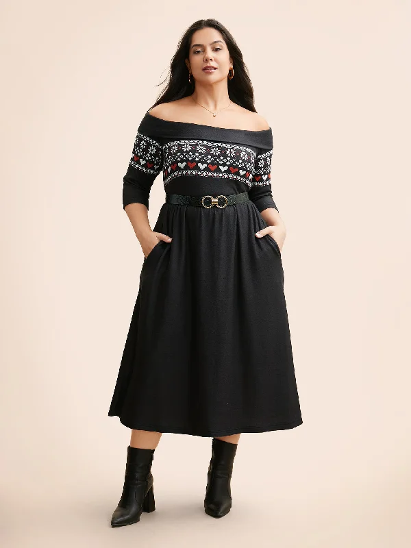 Geometric Off Shoulder Neck Midi Dress