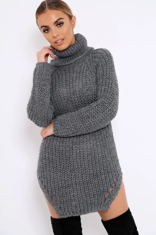 Grey Chunky Knit Roll Neck Cut Out Hem Jumper Dress - Catalina