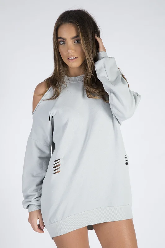 Grey Cold Shoulder Distressed Jumper Dress - Kylie