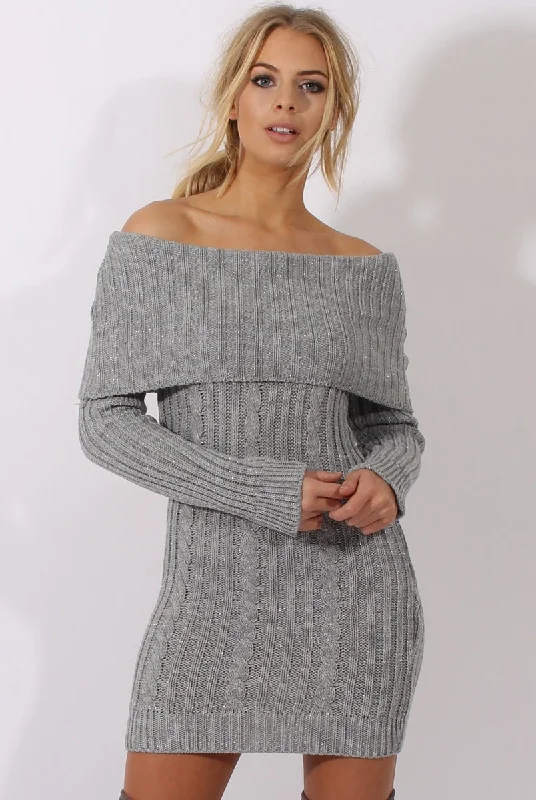 Grey Sparkle Knit Bardot Jumper Dress - Kasey