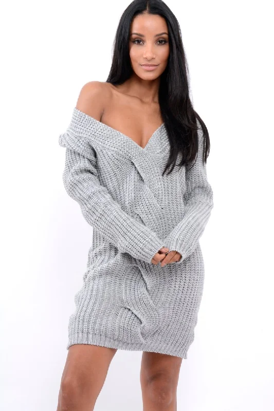 Grey V Neck Twist Knit Jumper Dress - Tilly