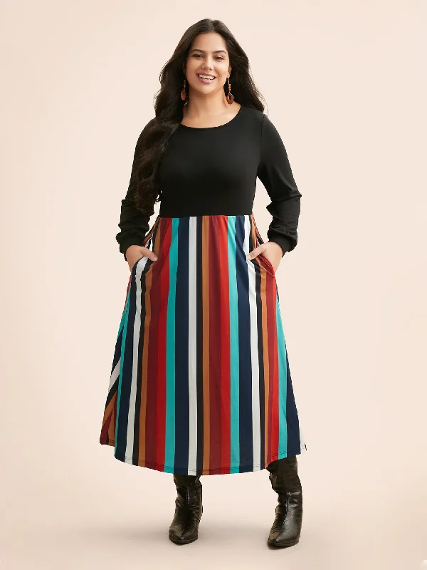 Round Neck Contrast Striped Patchwork Midi Dress