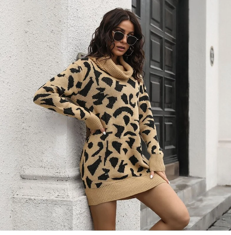 BerriesJam - 2024 Short Casual Pile Collar Leopard Knitted Dress