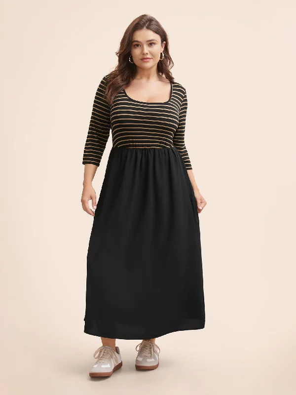 Square Neck Striped Patchwork Midi Dress