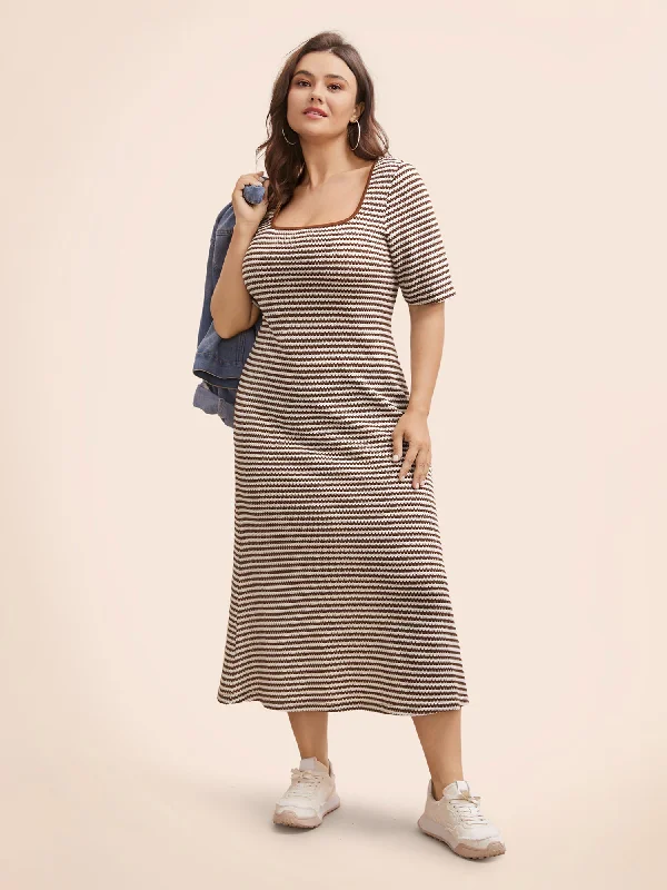 Striped Textured Square Neck Midi Dress