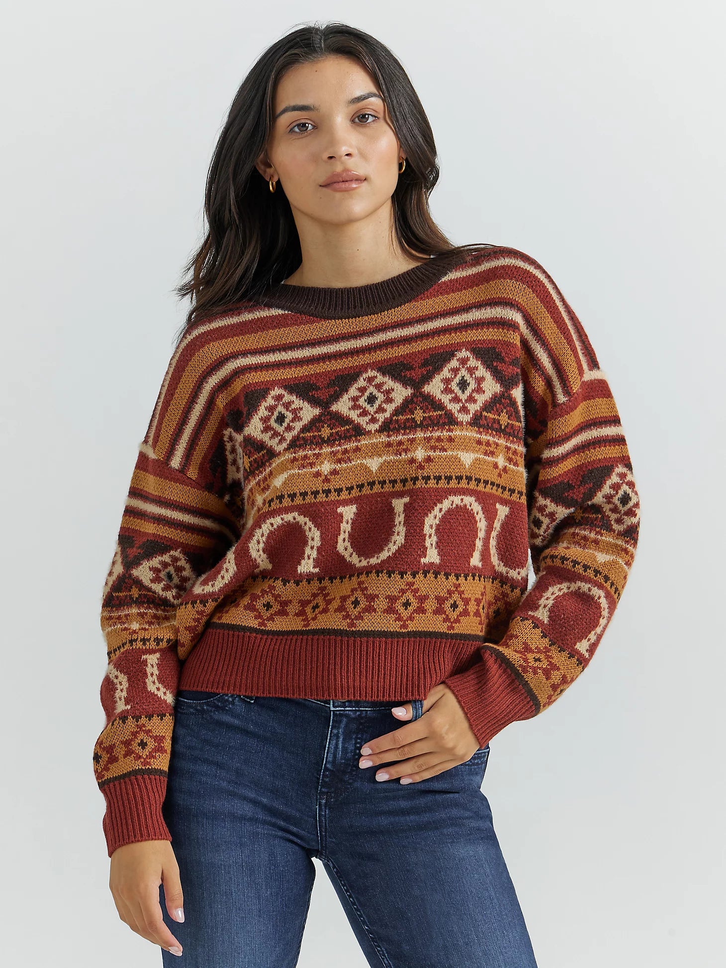 Wrangler Retro Women's Southwestern Pullover Sweater in Horseshoe Burgundy